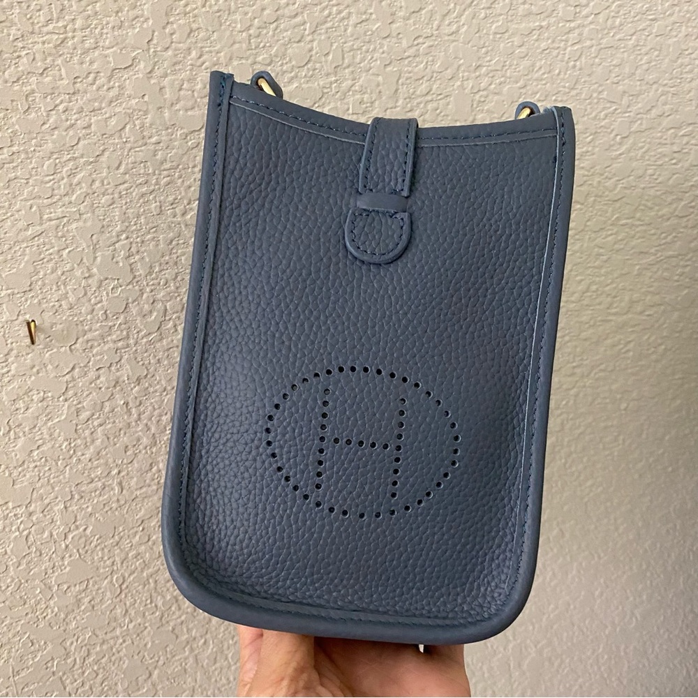 Blue Gray Perforated Leather Crossbody Bag Cell Phone Holder Purse